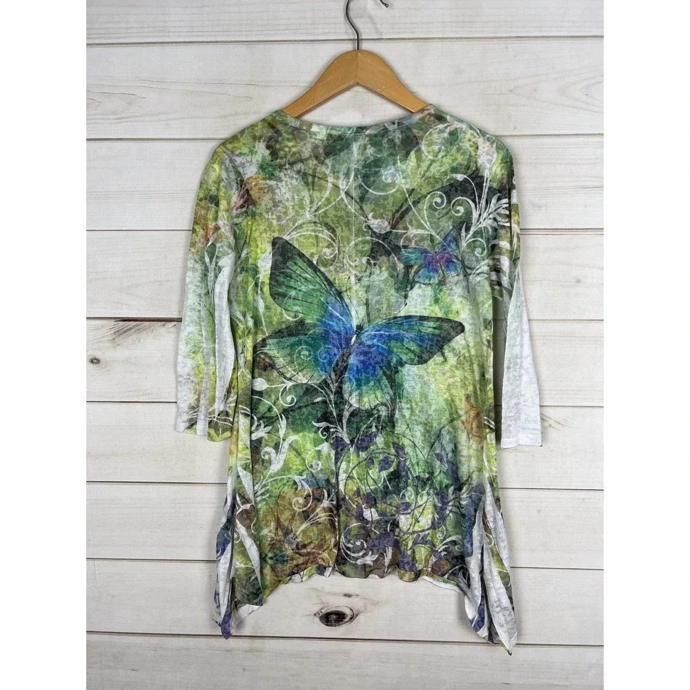 Jess & Jane Shirt Womens Medium Green Butterfly Forest Rhinestone Fairycore Top - Picture 2 of 8